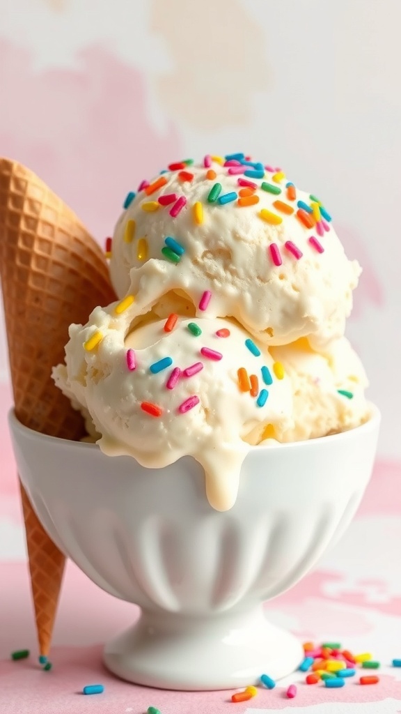 A bowl of vanilla ice cream with sprinkles on a watercolor background.